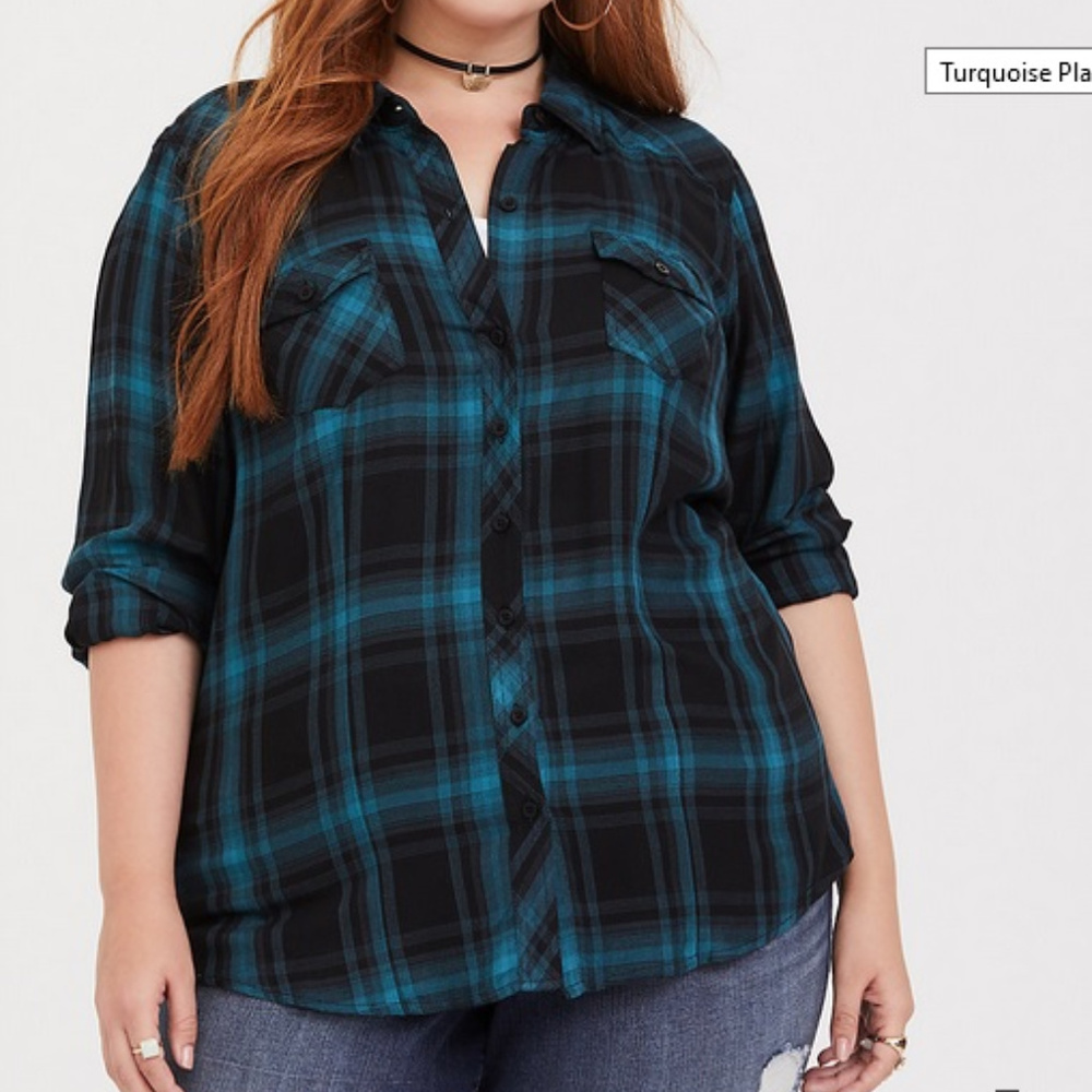 Turquoise Plaid Twill Camp Shirt